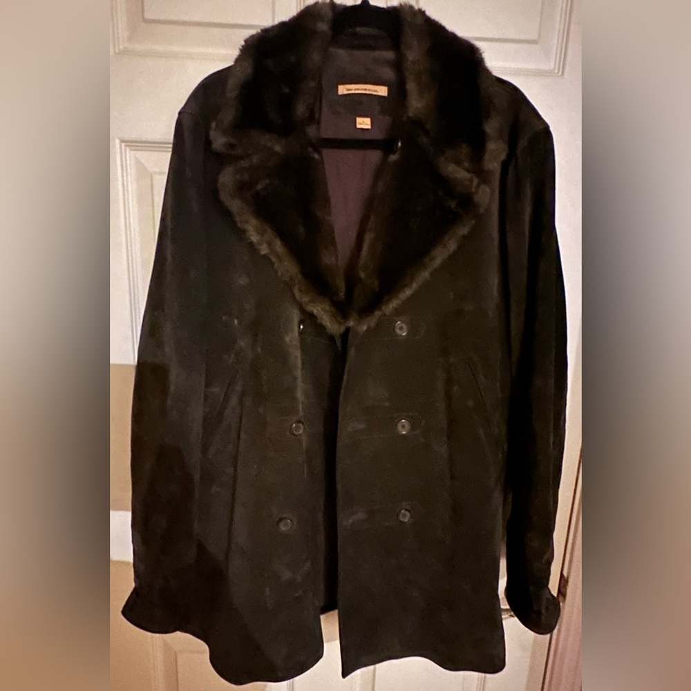 JOHN VARVATOS MEN Vintage Brown Leather Overcoat Long Jacket Fur Collar